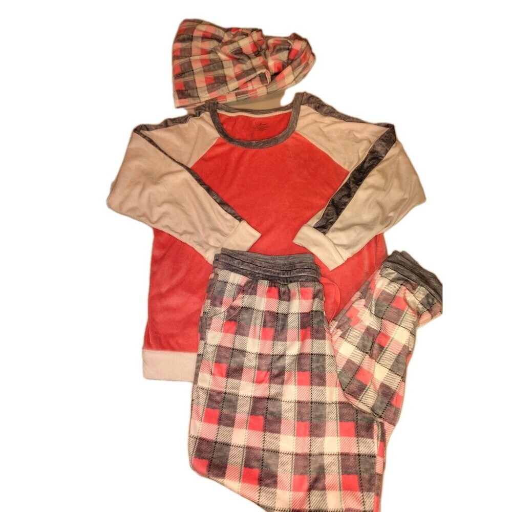 Cuddl Duds 3pc Lounge Set Large L Coral Gray Plaid Fleece Top Pants Infinity...
